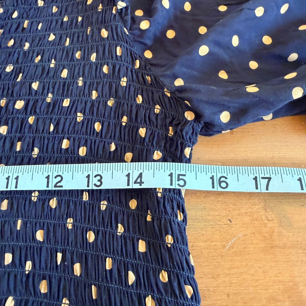 Madewell‎ Smocked Ruffle Shoulder Mini Dress Black Gold Polka Dot Viscose Small - Picture 7 of 11
